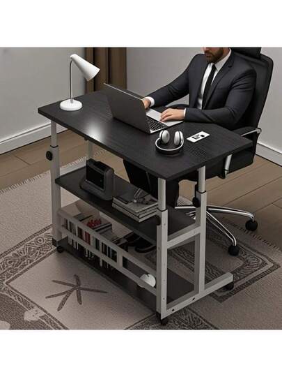 White/Multifunctional Desk On Wheels - Height-Adjustable Rolling Desk With Storage Shelves, Space-Saving Wood And Metal Frame, Compact Fiberboard Desktop For Home Office, Bedroom, Living Room, Sofa, Study