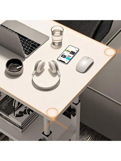White/Multifunctional Desk On Wheels - Height-Adjustable Rolling Desk With Storage Shelves, Space-Saving Wood And Metal Frame, Compact Fiberboard Desktop For Home Office, Bedroom, Living Room, Sofa, Study
