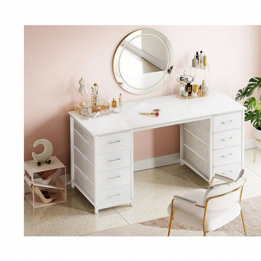 48 Inch White Computer Desk With 8 Fabric Drawers, Modern Office Desk With Large Storage For Home Office, Study, Gaming, White