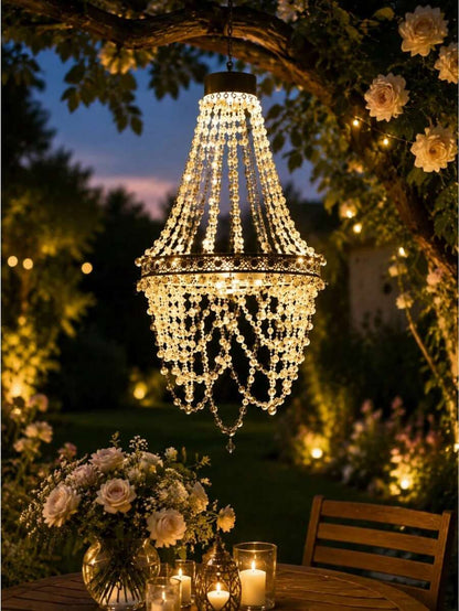 1pc Solar Crystal Beaded Hanging Chandelier, Waterproof Rainproof Outdoor LED Lamp, Warm Soft Glow, Perfect Ornament For Wedding Ceremony, Garden, Yard, Pergola, Backyard Dinner Party, Festival & Romantic Celebration Decor
