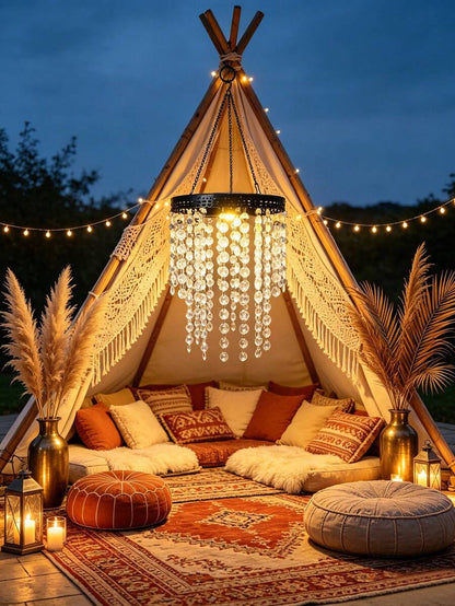 1pc Solar Crystal Beaded Hanging Chandelier, Waterproof Rainproof Outdoor LED Lamp, Warm Soft Glow, Perfect Ornament For Wedding Ceremony, Garden, Yard, Pergola, Backyard Dinner Party, Festival & Romantic Celebration Decor